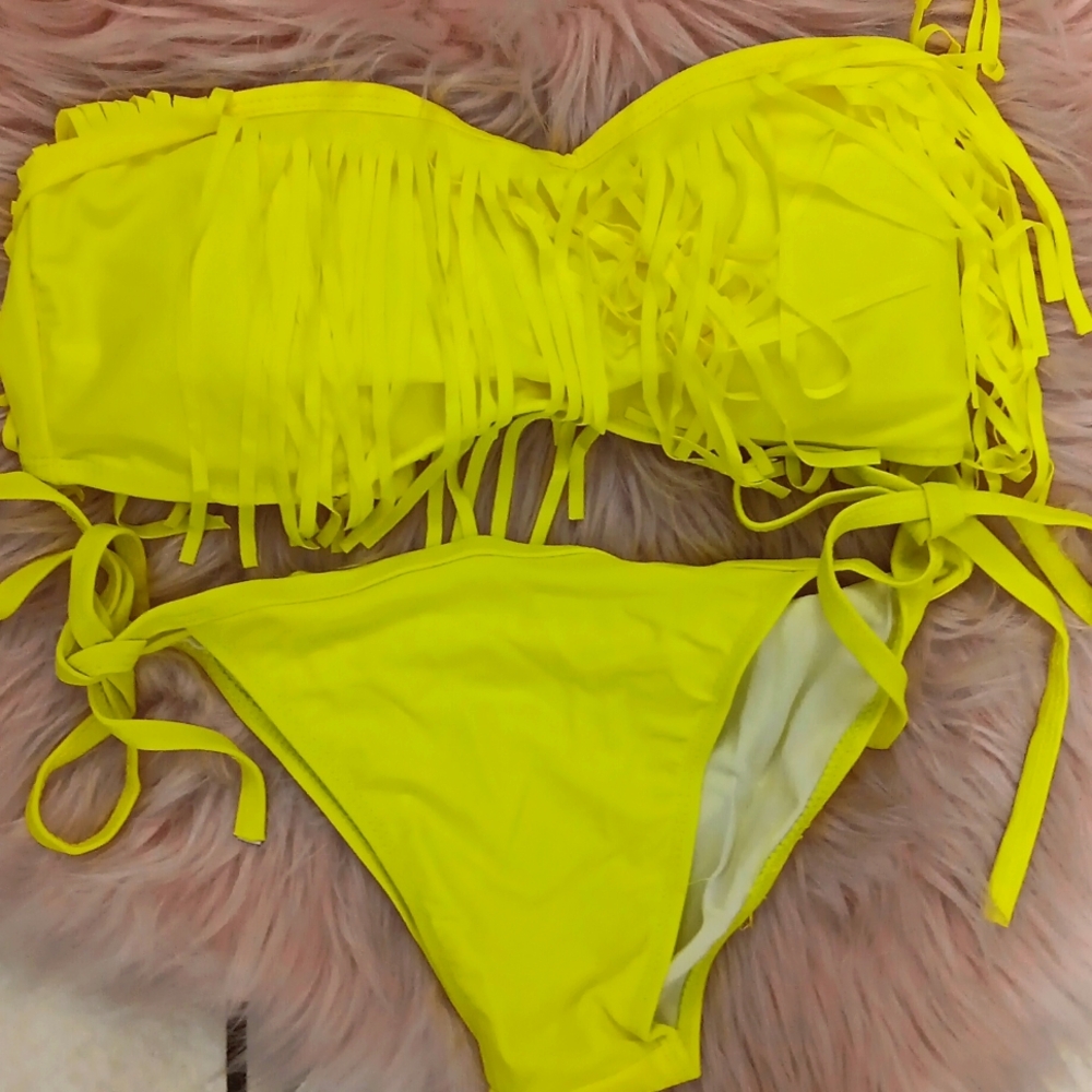 Brand New LADIES 2-PIECE STRAPLESS FRINGE BIKINI SWIMSUIT-L